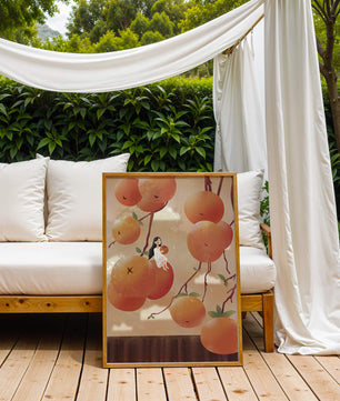 Whimsical illustration of girl with giant oranges and branches