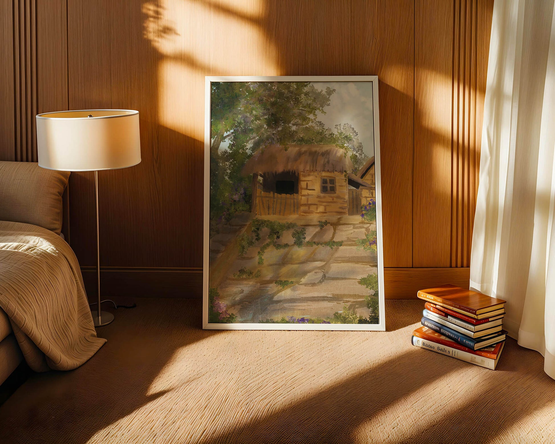 Charming Countryside Cottage with Thatch Roof and Lush Greenery