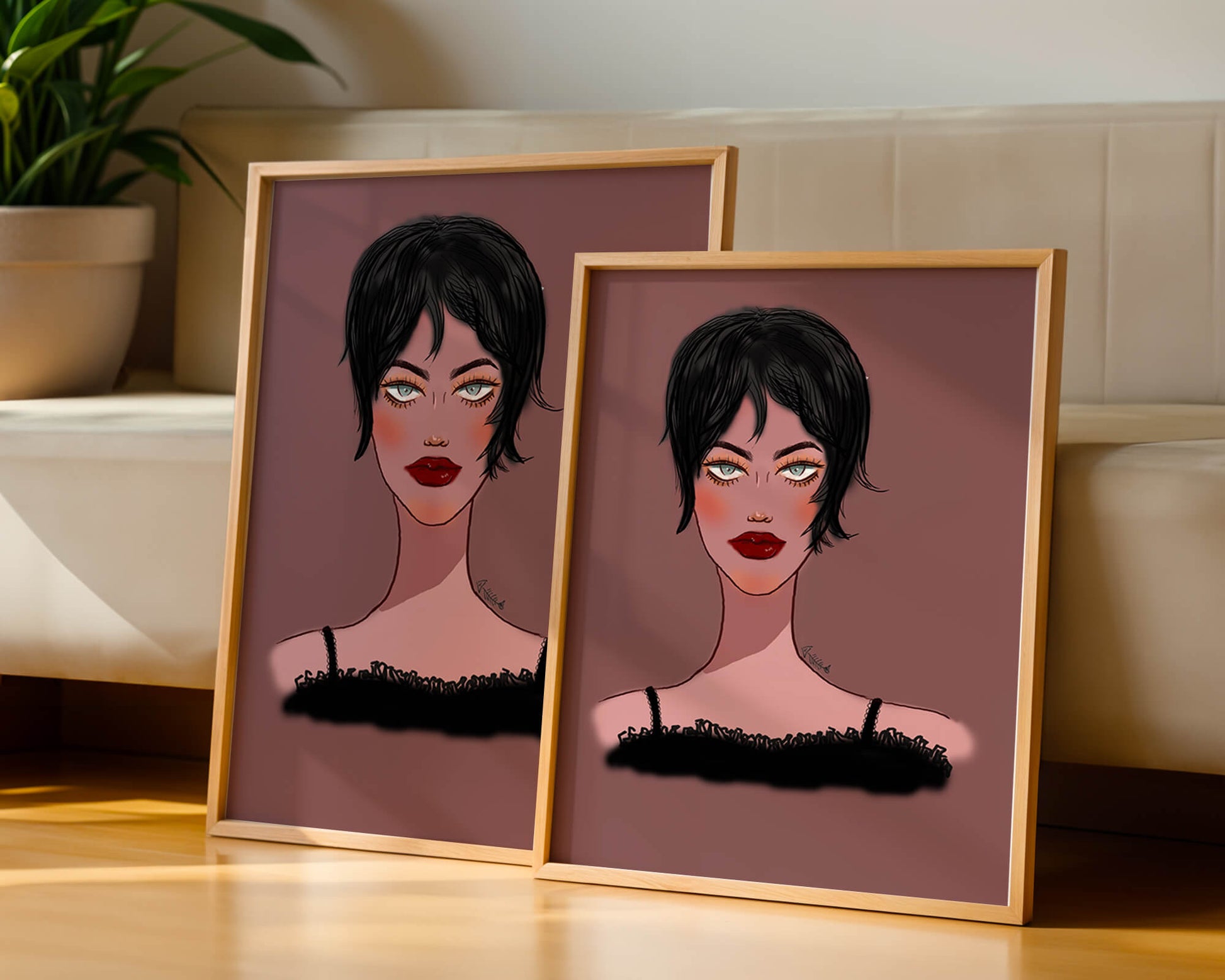 Illustration of a woman with short black hair and striking makeup on a brown background