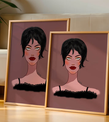 Illustration of a woman with short black hair and striking makeup on a brown background