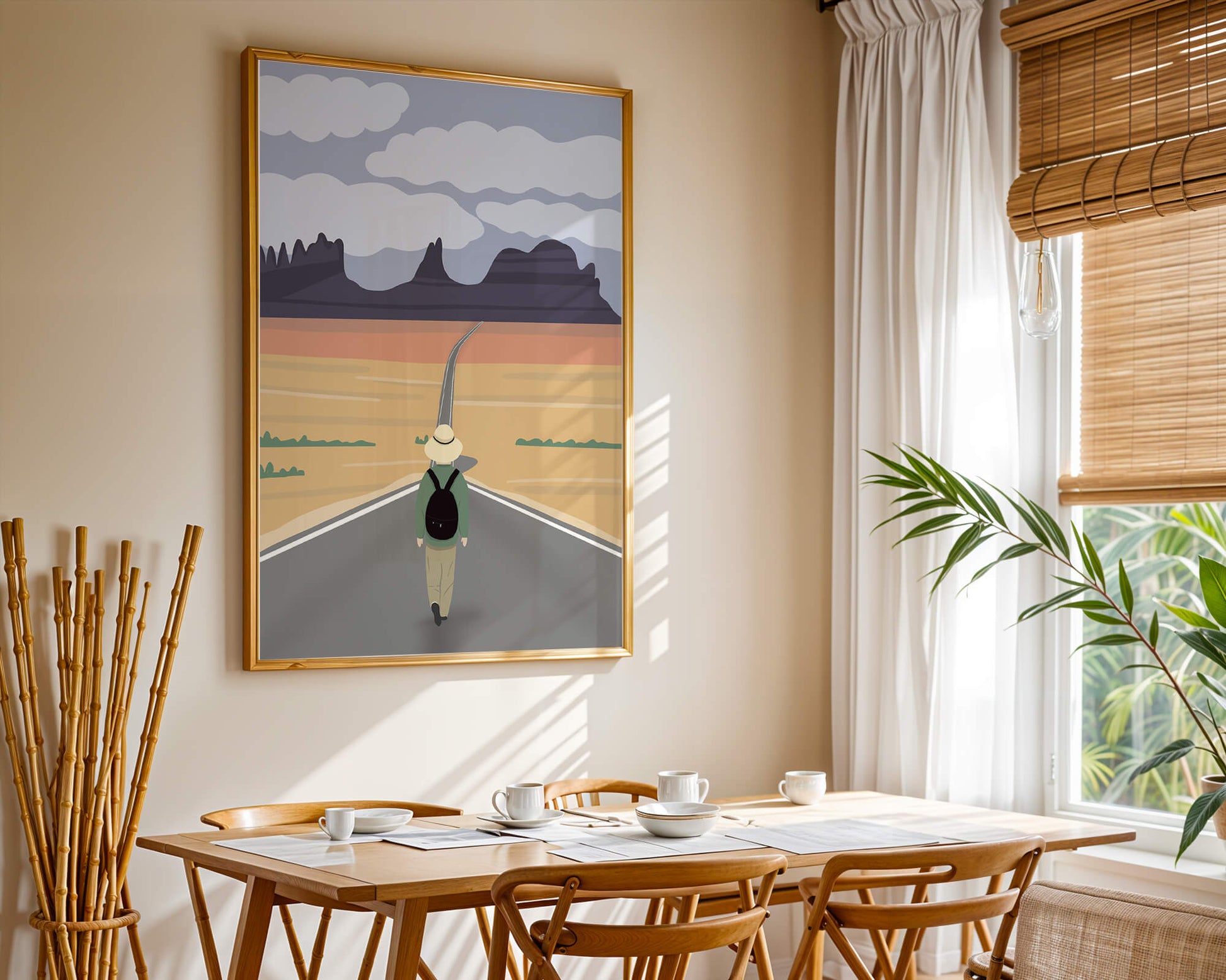 Traveler Walking on Endless Road Toward Mountains