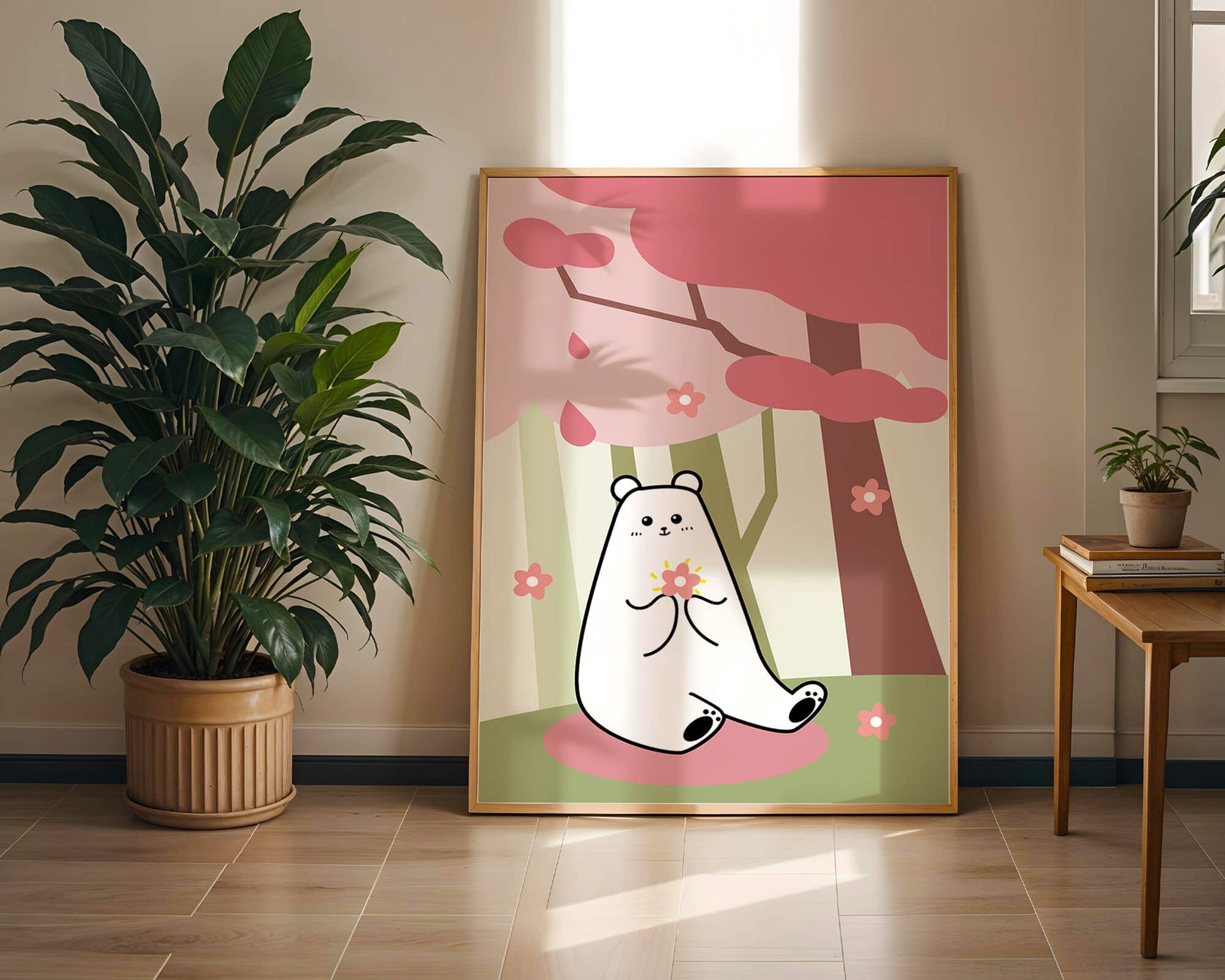 Charming bear holding flower under cherry blossom tree