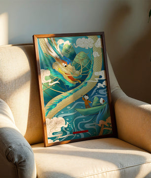 Colorful dragon and child illustration with vibrant waves and clouds