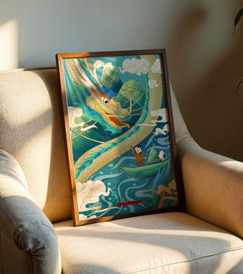 Colorful dragon and child illustration with vibrant waves and clouds