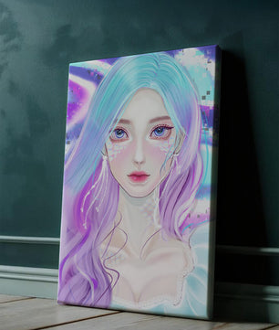 Fantasy portrait of a woman with pastel hair and vibrant features