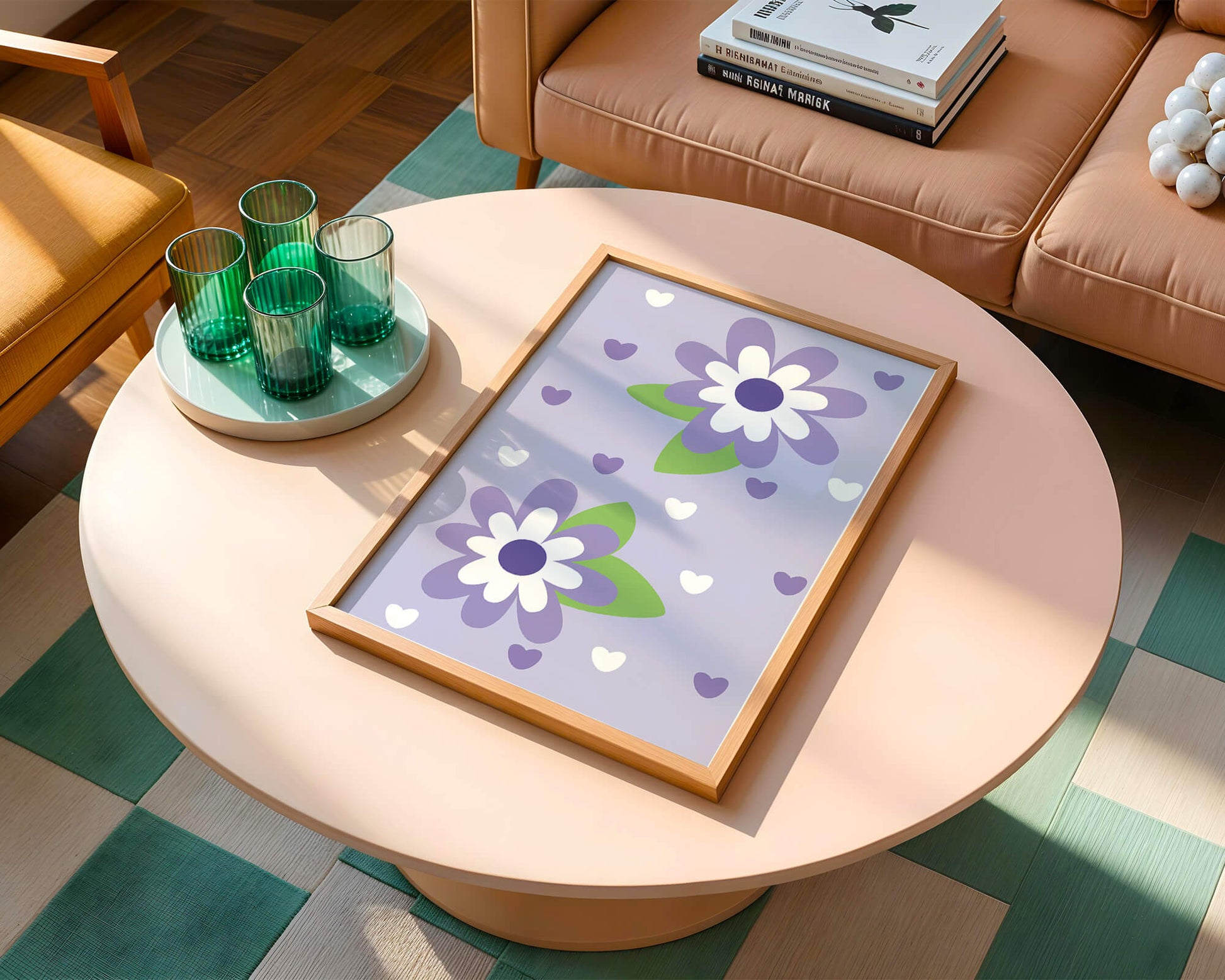Elegant purple floral pattern with green leaves and heart accents