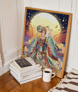 Elegant fantasy illustration with celestial elements and rabbit