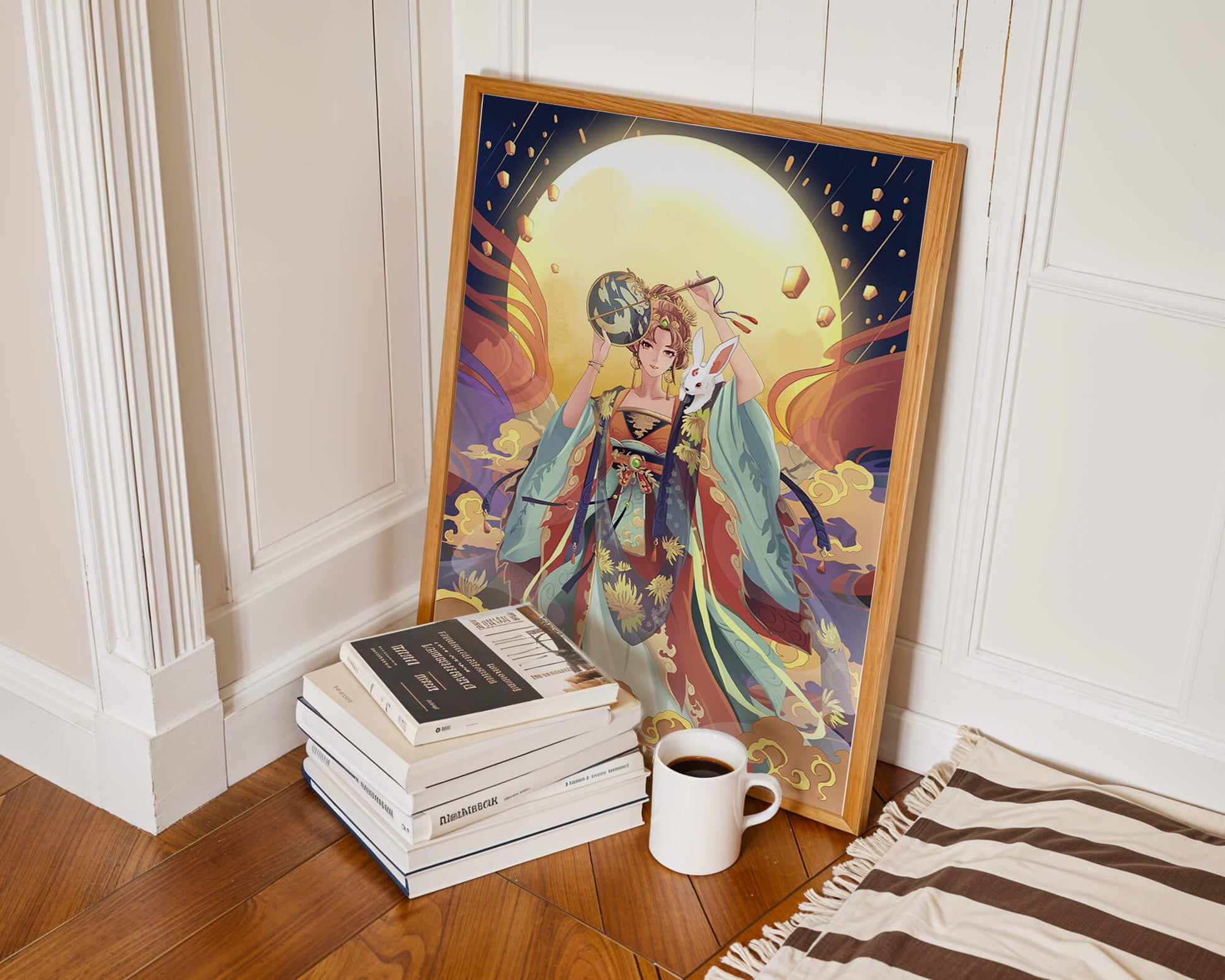 Elegant fantasy illustration with celestial elements and rabbit