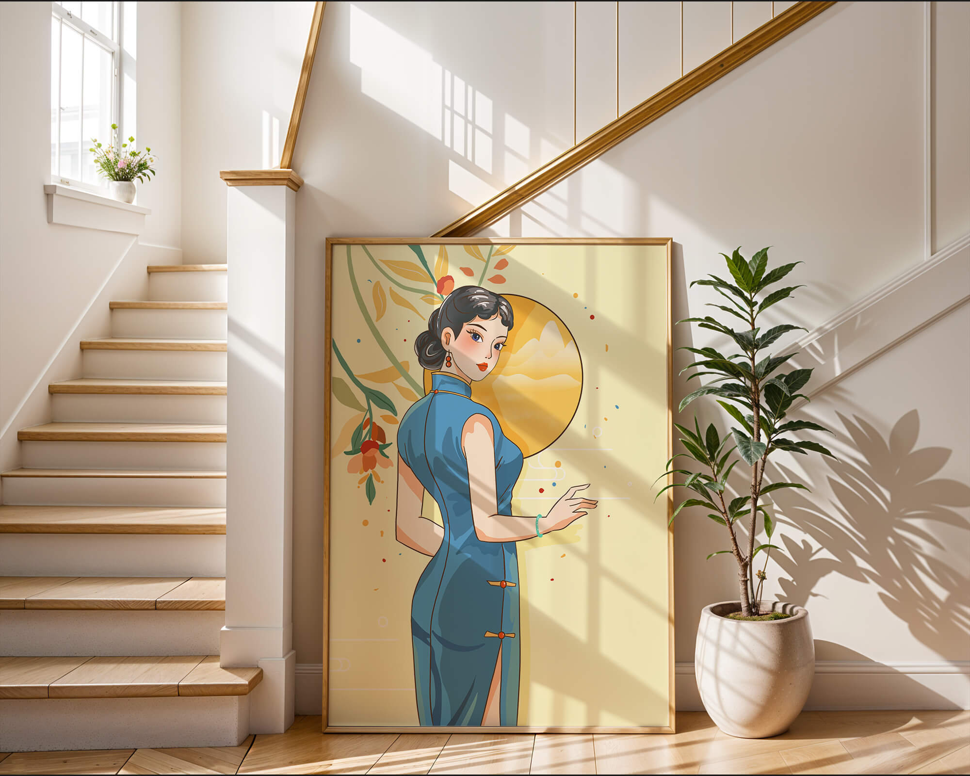 Elegant Woman in Traditional Dress with Floral and Golden Sun Backdrop