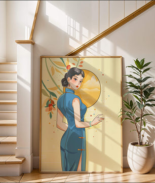 Mujer elegante con vestido tradicional y fondo floral y sol dorado