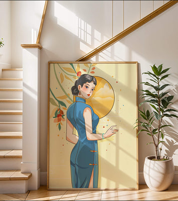 Elegant Woman in Traditional Dress with Floral and Golden Sun Backdrop