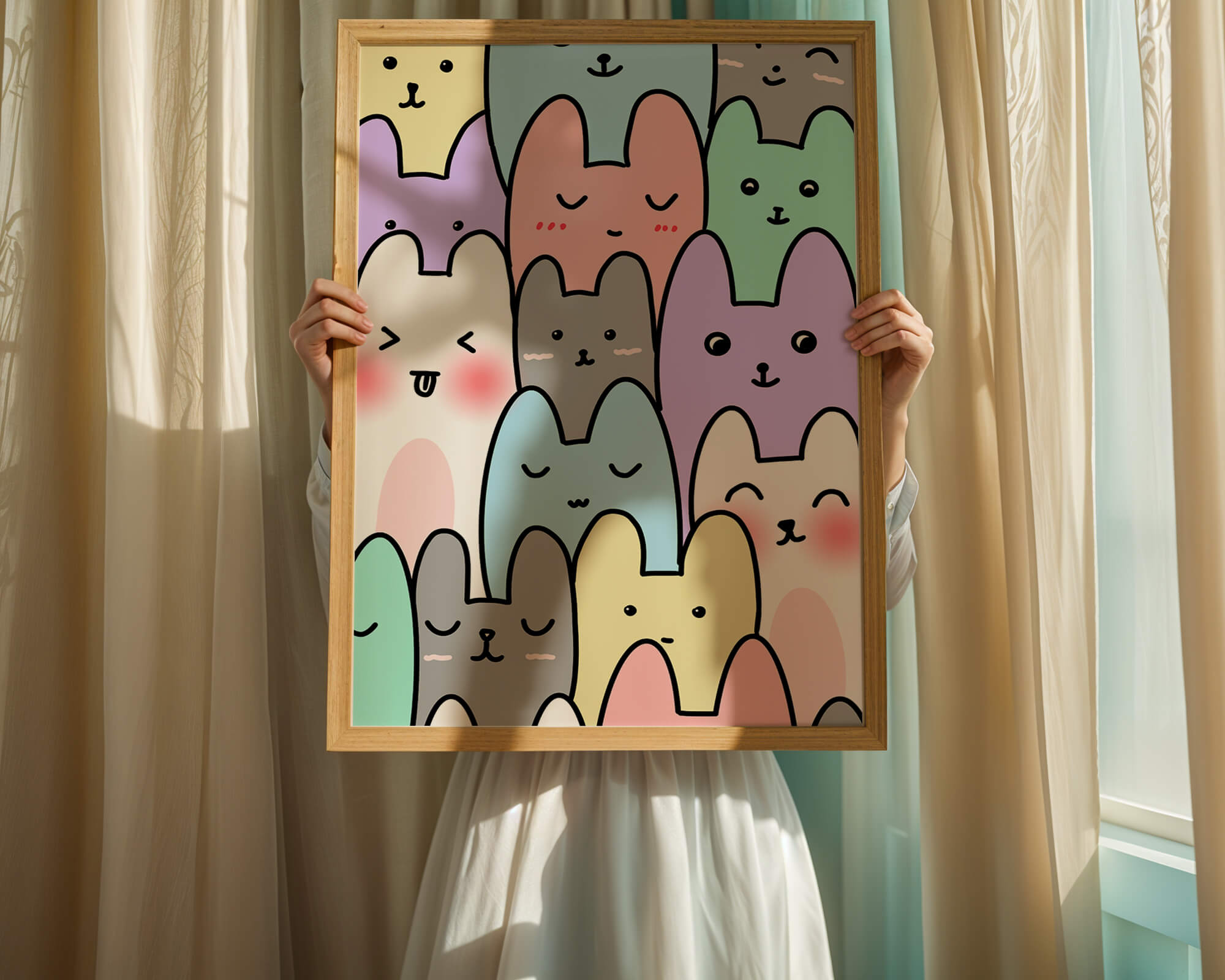 Colorful cartoon animal pattern with smiling faces
