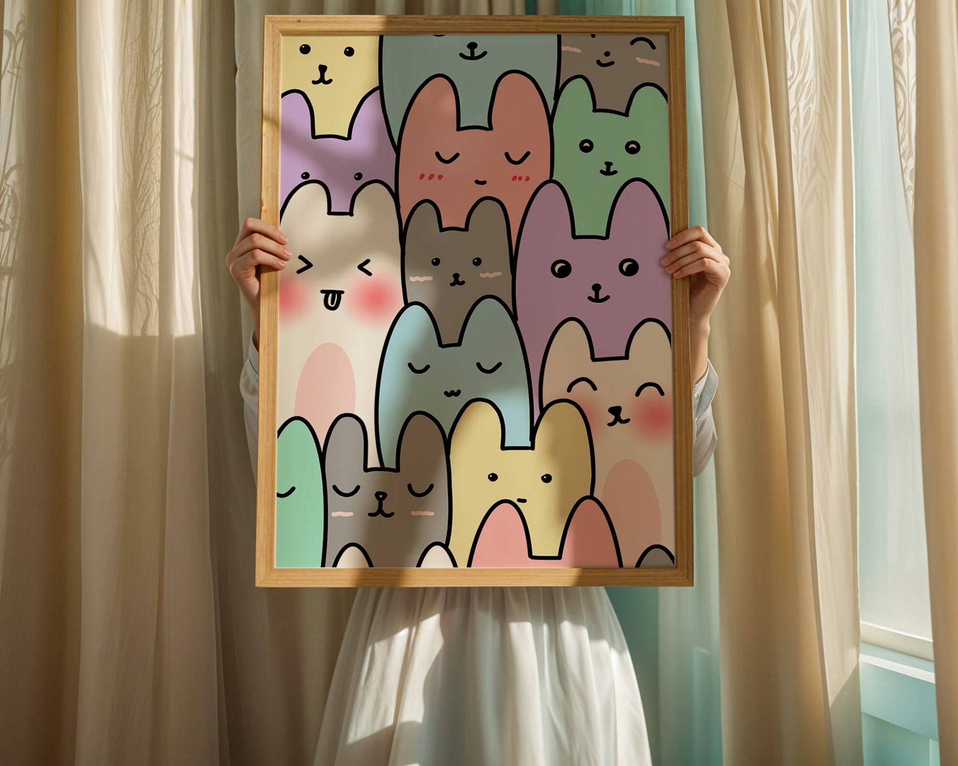 Colorful cartoon animal pattern with smiling faces