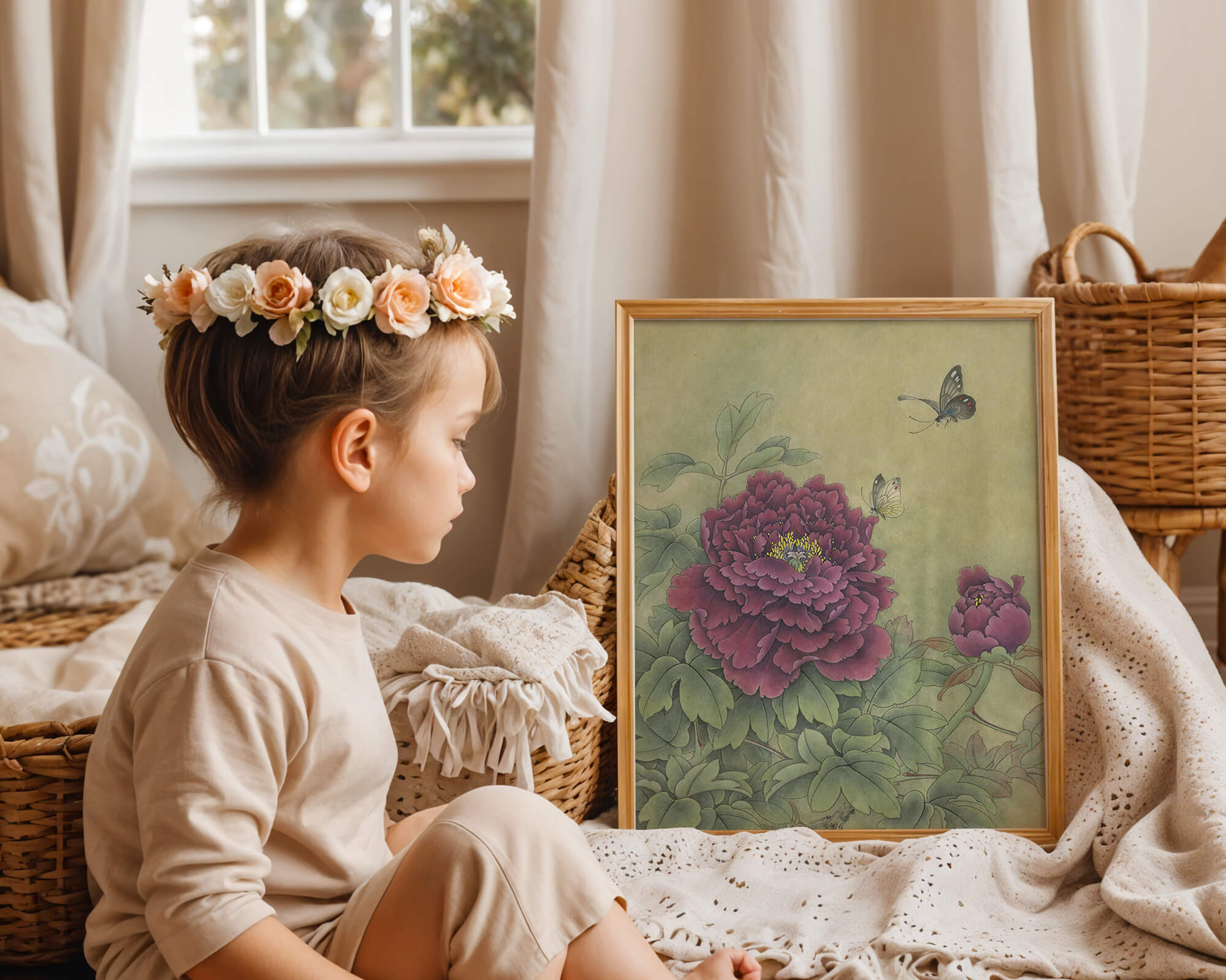 Delicate peonies with butterflies in a serene natural setting