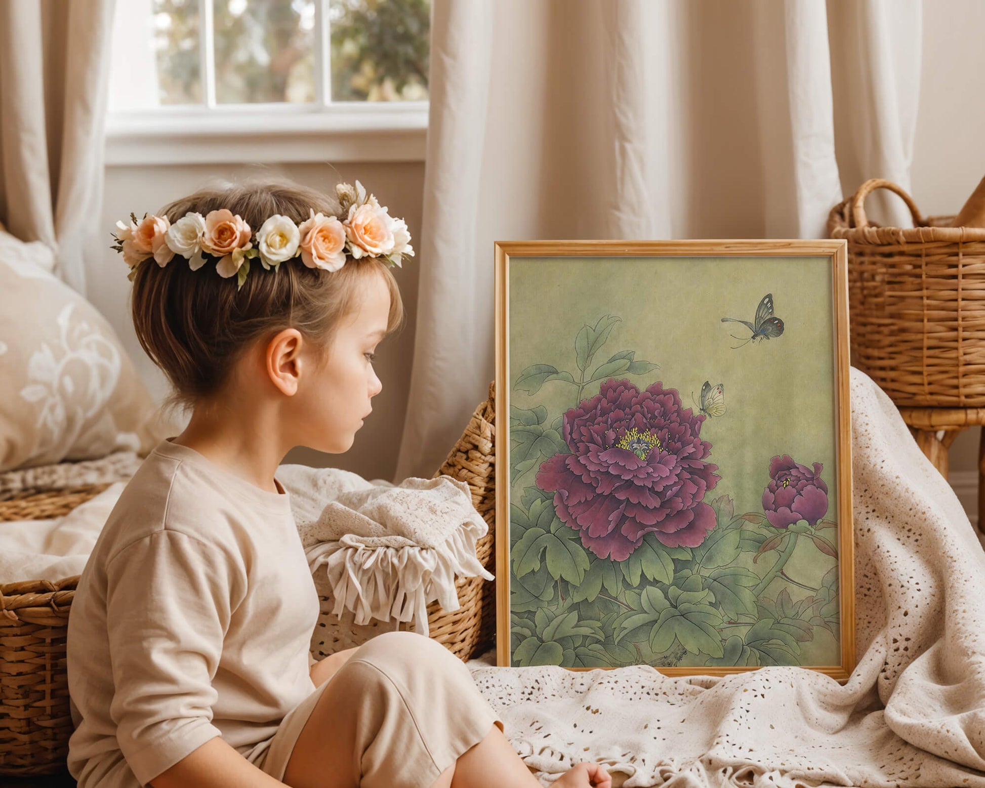 Delicate peonies with butterflies in a serene natural setting