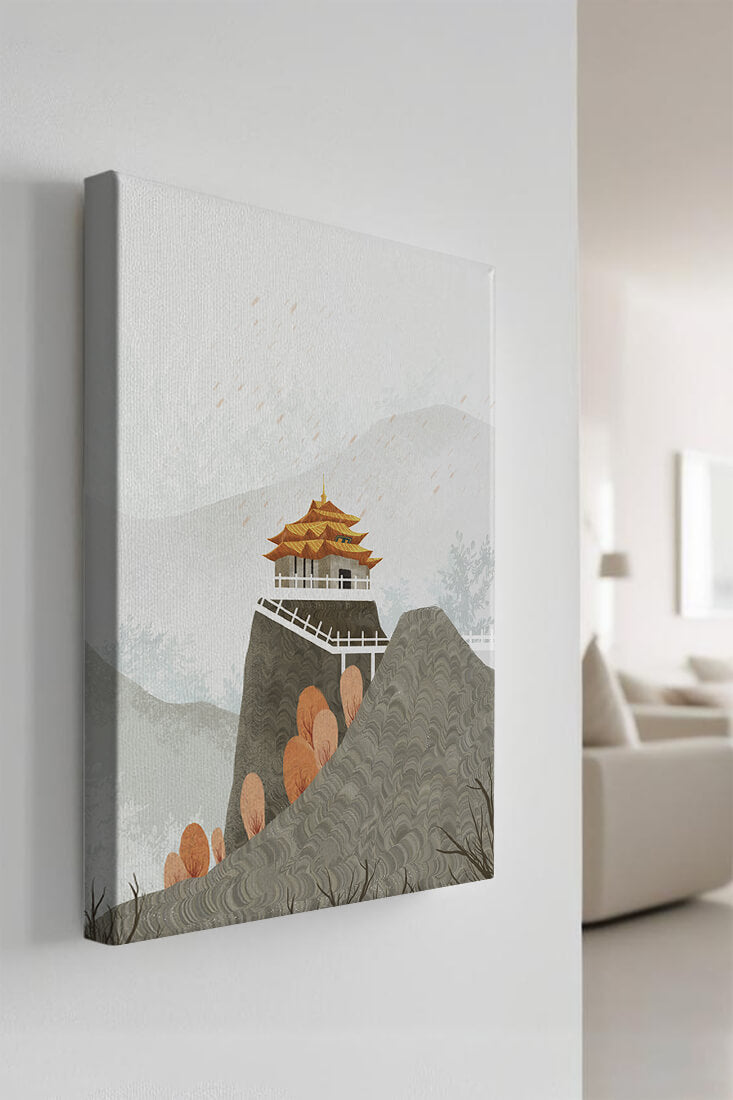 Serene landscape with traditional pagoda and autumn trees