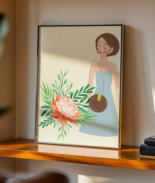 Ilustración de una mujer en vestido azul con diseño floral