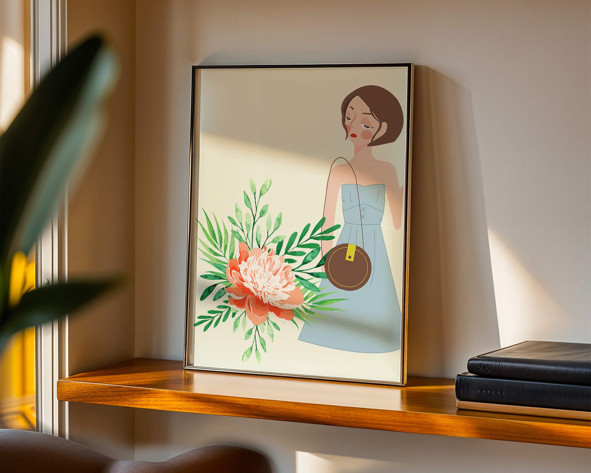 Ilustración de una mujer en vestido azul con diseño floral