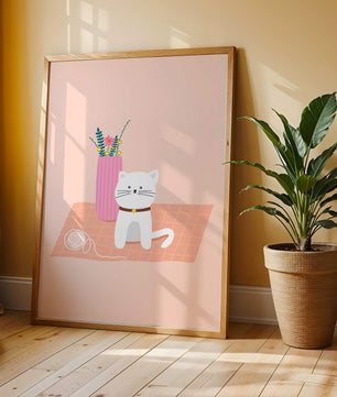 Illustration of a cute white cat with a pink vase and yarn ball on a pastel background