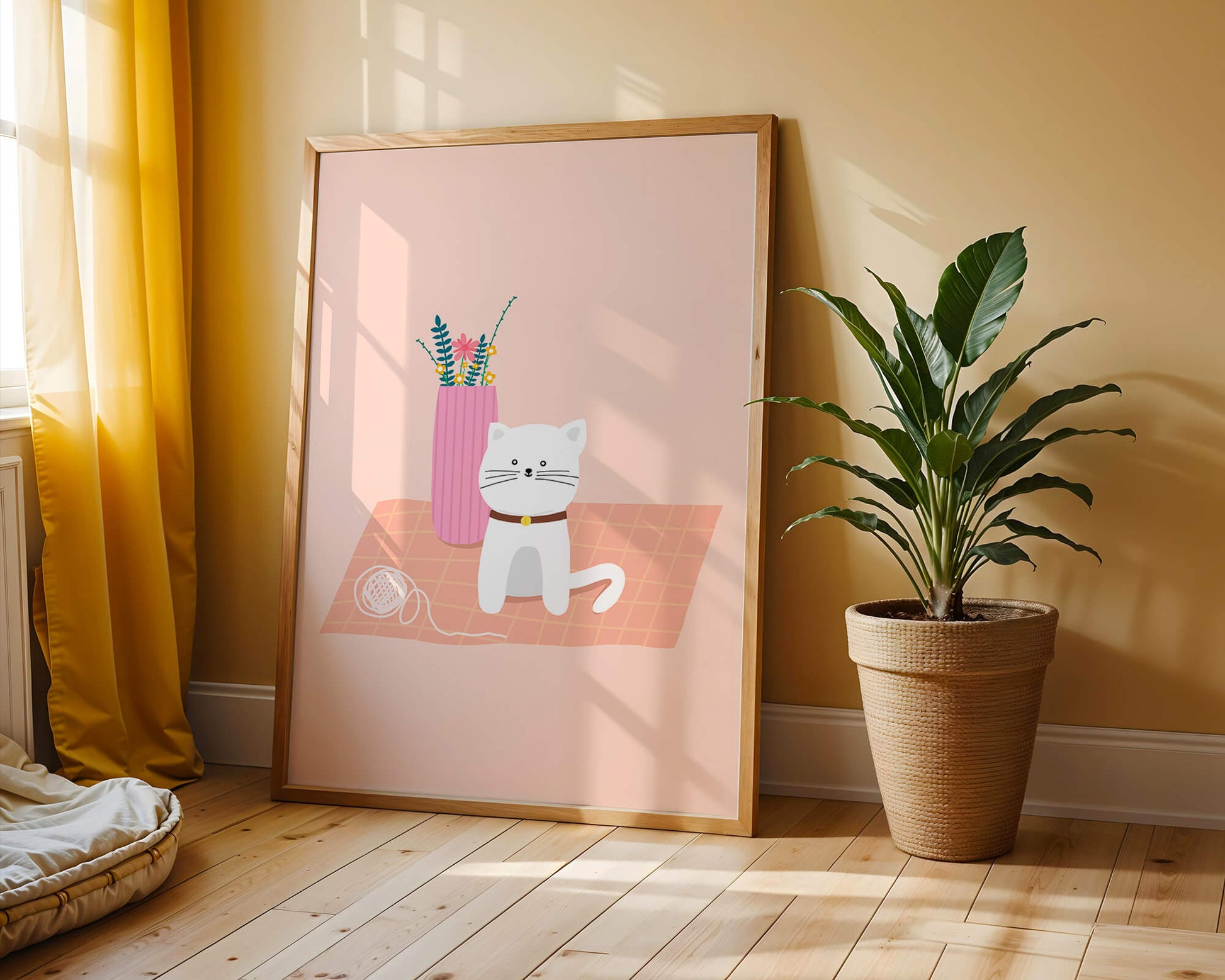 Illustration of a cute white cat with a pink vase and yarn ball on a pastel background