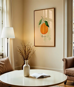Illustration of a Single Orange with Leaves on a Textured Background - Mi tienda