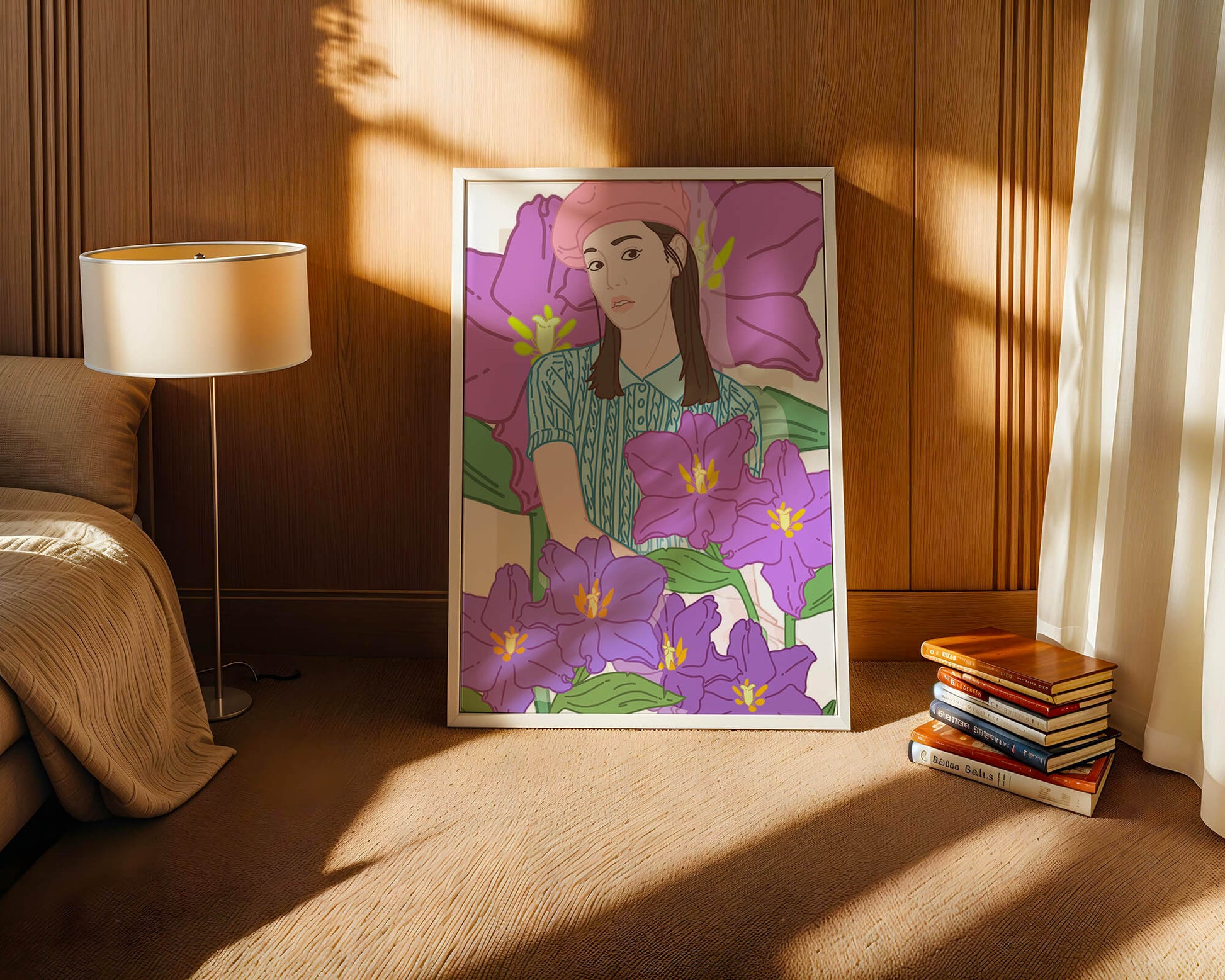 Ilustración de una joven con boina rosa y flores moradas