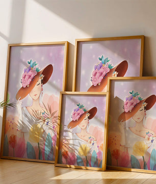 Mujer elegante con sombrero floral entre flores coloridas