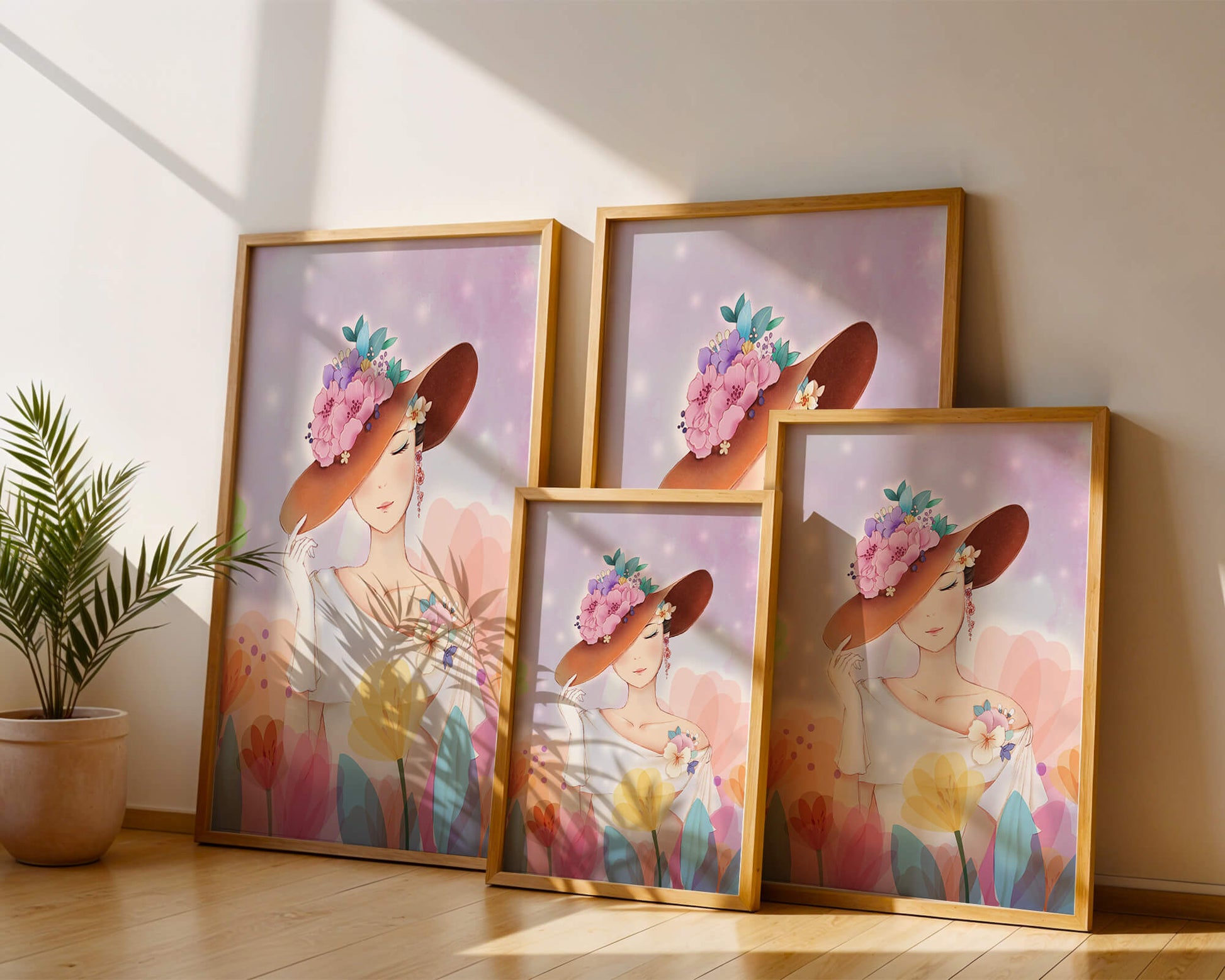 Mujer elegante con sombrero floral entre flores de colores