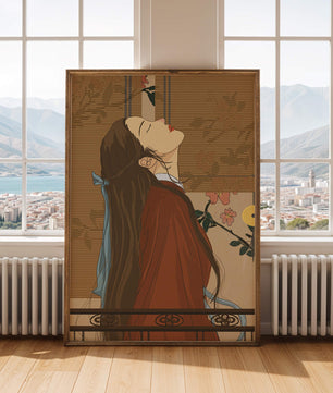 Mujer elegante con atuendo tradicional y fondo floral