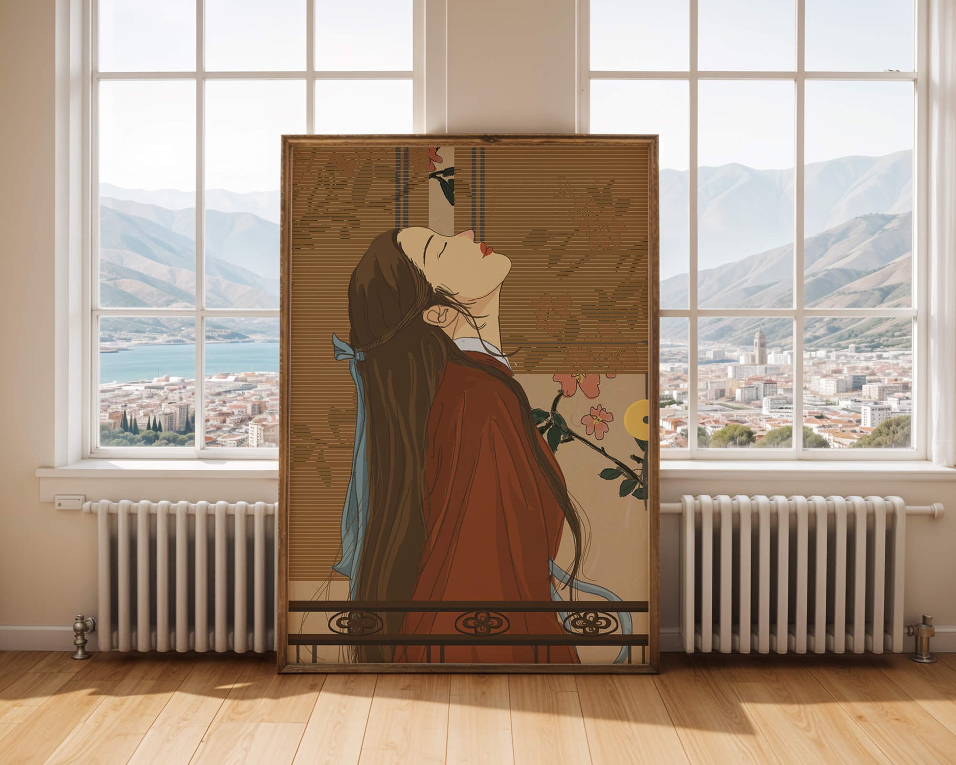 Mujer elegante con atuendo tradicional y fondo floral