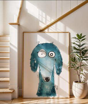Illustration fantaisiste d’un chien bleu aux traits expressifs