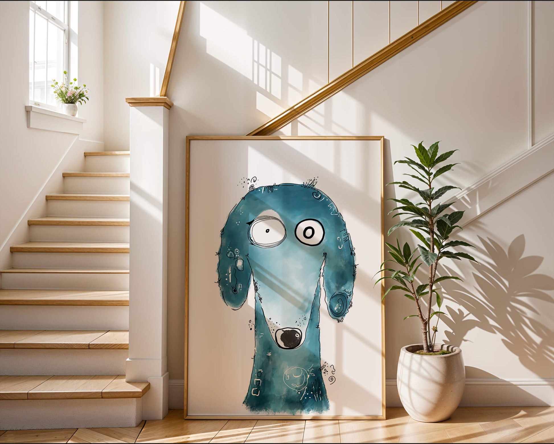 Whimsical blue dog illustration with expressive features