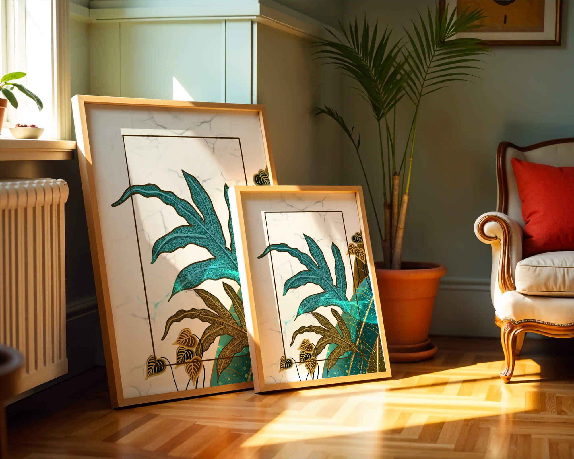 Abstract botanical art with blue and gold leafy designs
