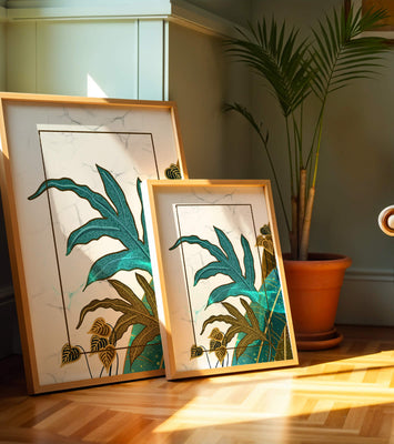 Abstract botanical art with blue and gold leafy designs