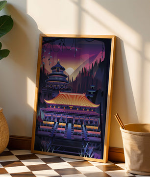 Neon Asian Temple at Sunset in Stylized Landscape