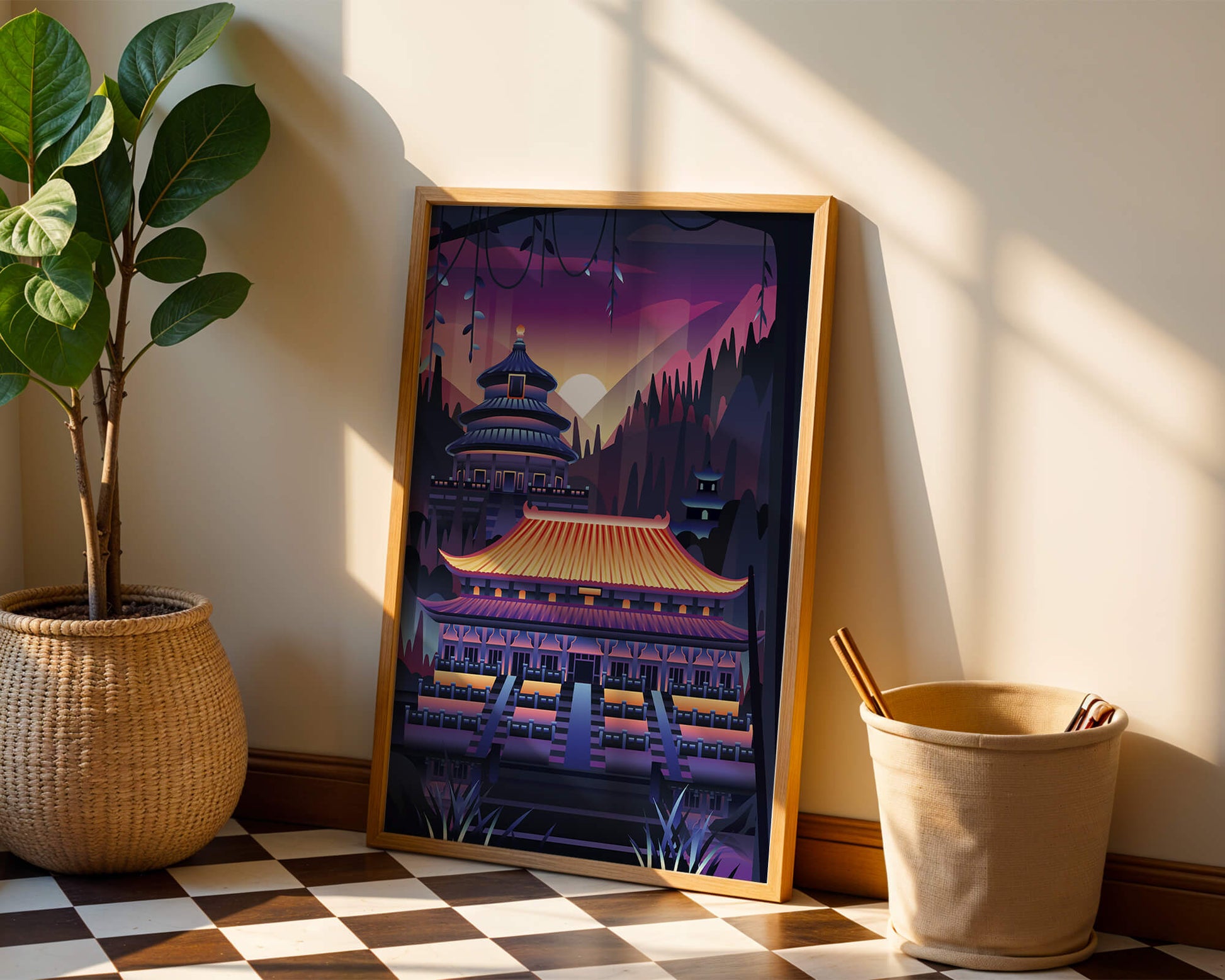 Neon Asian Temple at Sunset in Stylized Landscape