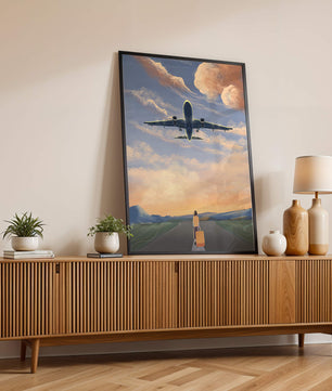 Serene airport departure with airplane and traveler at sunset