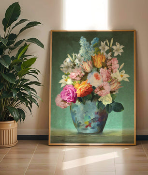 Floral arrangement in a decorative vase on a green background