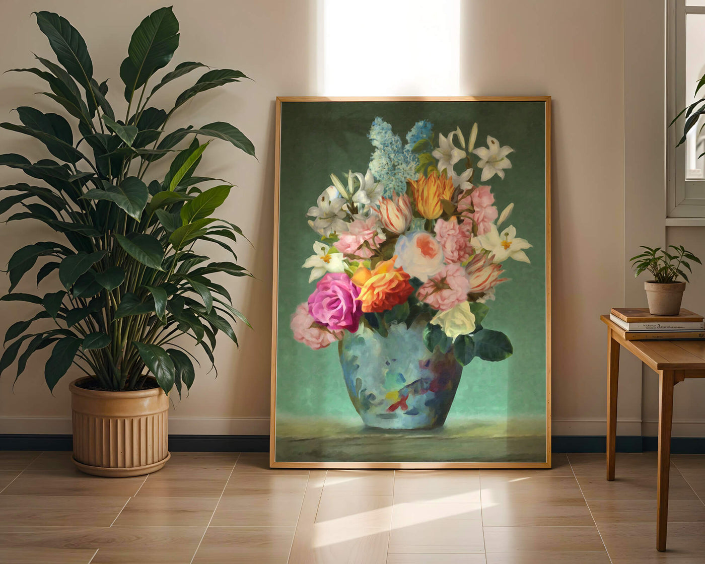 Floral arrangement in a decorative vase on a green background