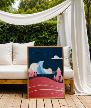 Colorful Night Scene with Blue Bird Under Starry Sky - Mi tienda