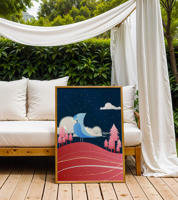 Colorful Night Scene with Blue Bird Under Starry Sky