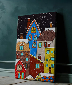 Farbenfrohe Winterstadtlandschaft mit schneebedeckten Häusern im Cartoon-Stil