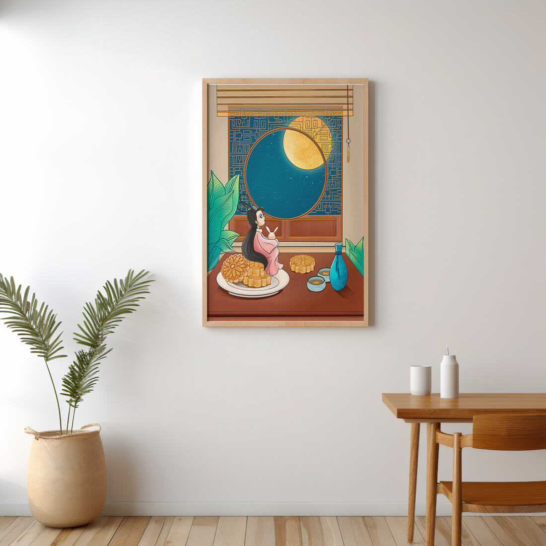 Tranquila escena nocturna con pasteles de luna y una figura mítica