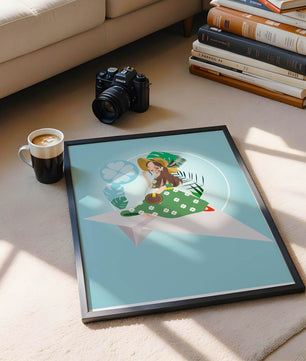 Mujer en un avión de papel con fondo de tema tropical