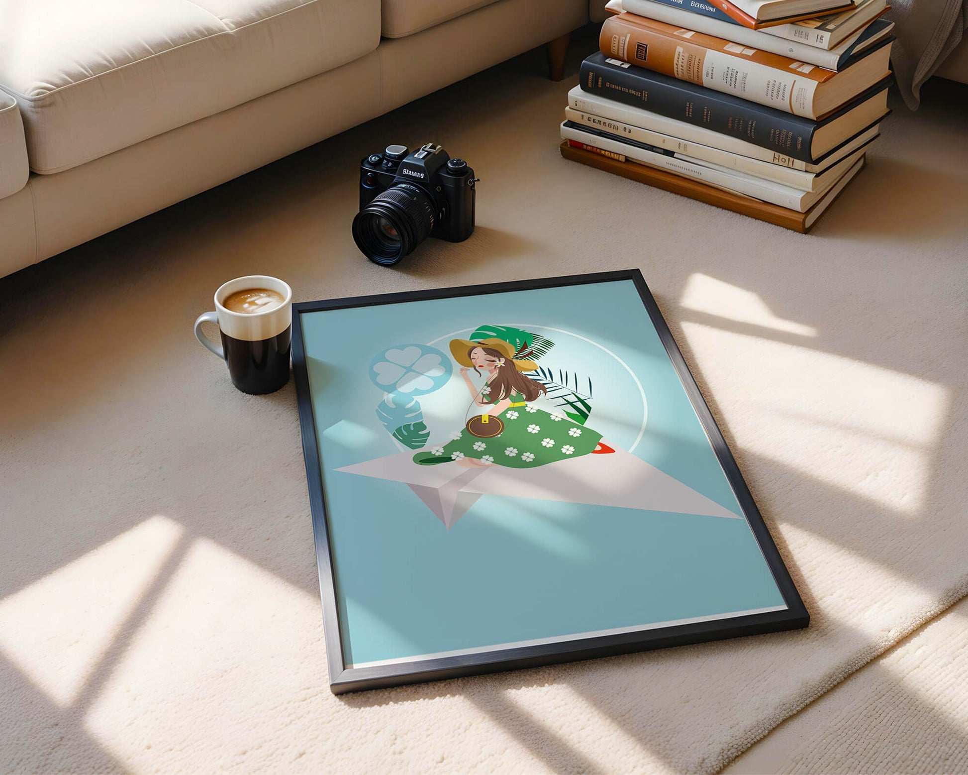 Woman on paper plane with tropical theme background