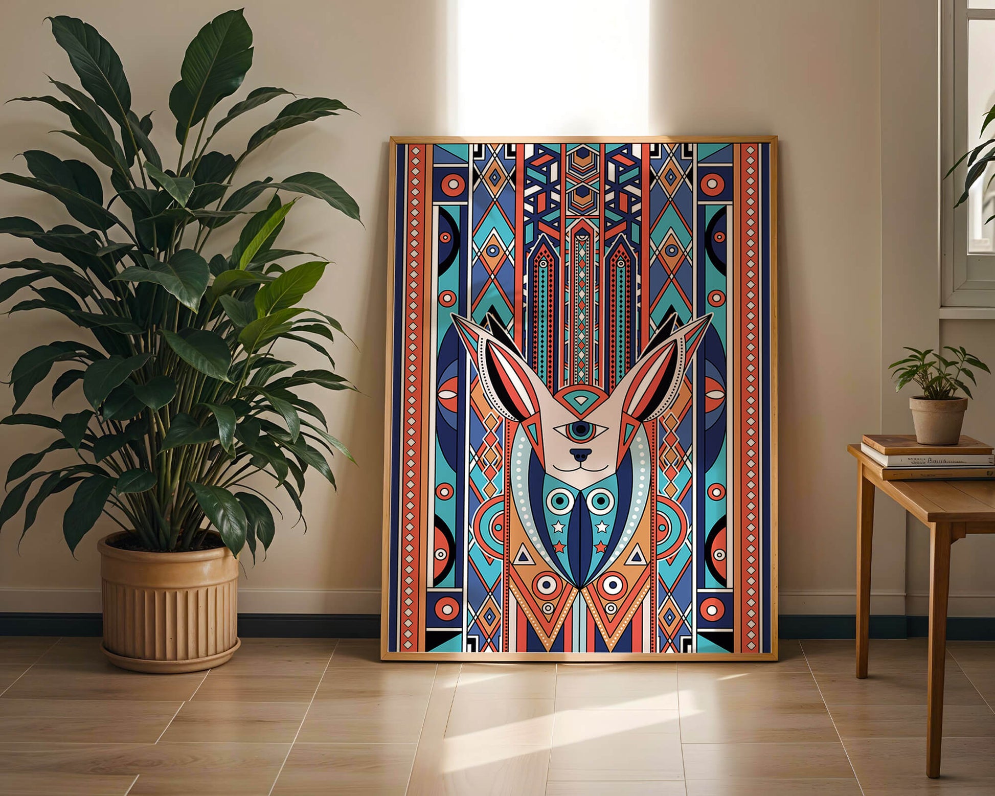 Diseño geométrico abstracto con motivo animal y patrones vibrantes