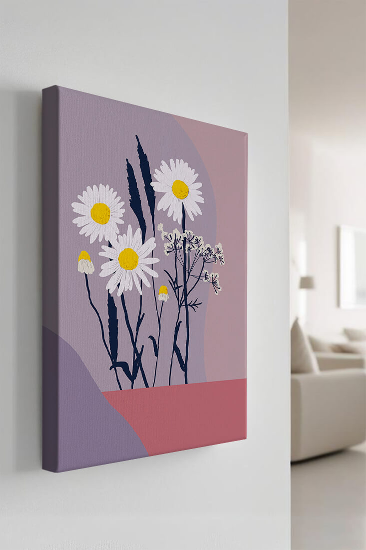 Illustrative floral artwork with daisies and abstract background
