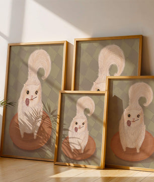 Illustration of fluffy cat with rose on a cushion