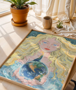 Fantasy artwork of woman holding earth with shimmering details