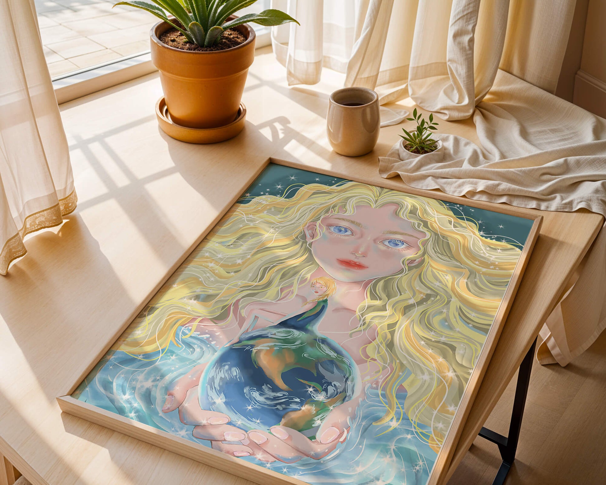 Fantasy artwork of woman holding earth with shimmering details